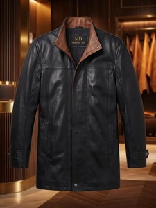 Abrigo de Cuero Genuino de Cordero Negro para Hombre, Largo Tres Cuartos, Solapa con Muescas, Cierre Frontal con Cremallera - Product Image 1