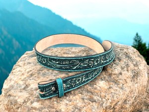 Ceinture Western en cuir véritable pleine fleur, faite à la main, avec boucle en cuir et garniture turquoise, pour femme - Product Image 6