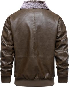 Men Brown PU Leather Nonwoven Bomber <b>Jacket</b> with Fur Collar Zipper Front Windproof Autumn Moto <b>Biker</b> Style - Product Image 5