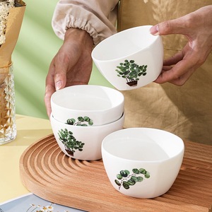 <b>2</b>-/4-/6-<b>piece</b> 4.5-inch <b>white</b> Ceramic Bowl handpainted with plant green leaf masterpiece packed in giftbox fade-resistant BpaFree - Product Image 6