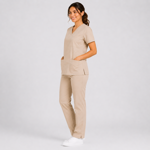 Conjunto de uniforme médico para mujer, color beige, cuello en V, tela de algodón y poliéster, pantalones elásticos, conjunto de blusa y pantalón para trabajo médico. - Product Image 2