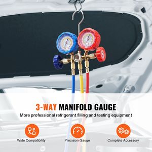 Set di manometri a 3 vie per climatizzatori con tubi da 1,5 m e connettori per refrigeranti R134A, R22, R12, R502, per rubinetto serbatoio Freon - Product Image 2