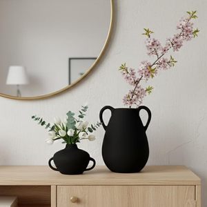 Jarrón de Cerámica Negro Mate con Doble Asa, Florero de Porcelana, Recipiente Decorativo de Mesa, Estilo Nórdico para el Hogar, Bautizo - Product Image 6