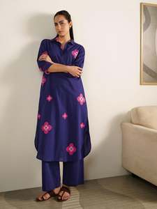 Blue Floral Embroidered <b>Maxi</b> <b>Dress</b> With Three Quarter Sleeves Loose Fit Casual Daily Wear Cotton Bamboo Fiber Woven Hand Embroid - Product Image 6
