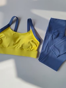 Women 2 Pcs Yoga Suit Strappy Back Contrast Sports Bra and High Waist <b>Pocket</b> <b>Leggings</b> Seamless Gym <b>Workout</b> Matching Set - Product Image 6