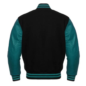 Veste universitaire noire et turquoise pour homme, manches en cuir PU, col décontracté, boutons sur le devant, coupe classique, vêtement d'automne - Product Image 4