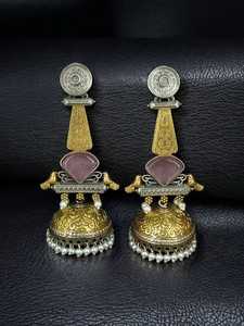 Joyería india de Bollywood, campanas de gota chapadas en oro, conjunto de pendientes oxidados chapados en oro en capas, joyería para boda - Product Image 3