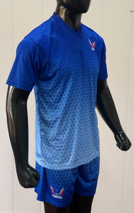 Custom Men's Blue Soccer Jersey Set With Geometric Pattern V-Neck Short Sleeve Quick Dry Teamwear Uniform - Product Image 3