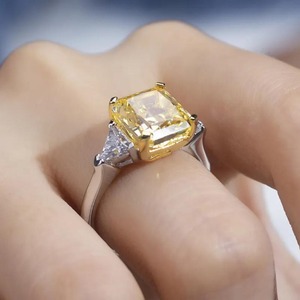 <b>Cushion</b> Cut Vivid Yellow Three Stone Lab Grown Diamond <b>Ring</b> in 14K White Gold Diamond <b>Ring</b> with IGI Certified & VVS Clarity - Product Image 2