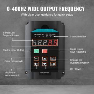 Inverter VFD 10HP 7.5KW 35A Monofase/Trifase, Ingresso 220V, Uscita Trifase 220V, Azionamento a Frequenza Variabile 40-60Hz, Ingresso 0-400Hz, Motore VF 75KW - Product Image 3