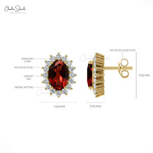 Produit le plus vendu : Boucles d'oreilles halo en or véritable 14 carats avec pierres précieuses grenat naturel 1,16 carat et diamants – Cadeau d'anniversaire pour femme - Product Image 5