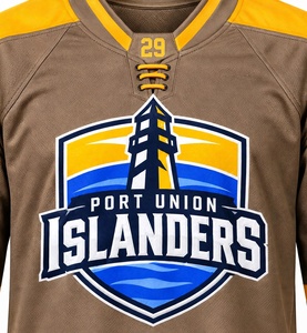 Maillot de hockey sur glace personnalisé marron clair, imprimé par sublimation, en tissu mesh respirant, sans manches, uniforme sportif Port Union Islanders - Product Image 4