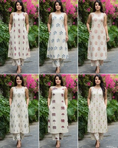 Kurti en coton beige pour femme, imprimé éléphant, coupe ample, longueur cheville, style décontracté, Inde Pakistan, toutes saisons - Product Image 5