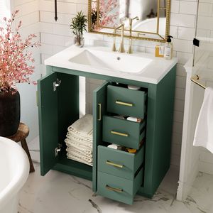 Mobile bagno autoportante da 30 pollici con struttura in legno massello, 3 cassetti e lavabo in ceramica integrato - Product Image 4