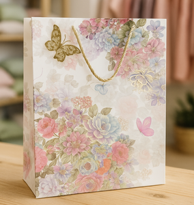 ถุงของขวัญกระดาษคราฟท์รักษ์โลกพิมพ์ลายดอกไม้สีสันสดใส พร้อมโลโก้สั่งทำพิเศษ สำหรับงานแต่งงาน งานปาร์ตี้ และร้านค้า  พร้อมหูหิ้วแบบเชือก - Product Image 4