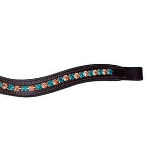 Diadema para Caballo de Cuero de Grano Completo de Primera Calidad con Logotipo Personalizado y Cadena de Cristales Azules y Dorados Alternados - Product Image 2
