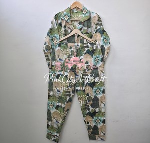 Ensemble de pyjama pour femmes, imprimé tropical palmier et paon, pur coton respirant, écologique, chemise à manches longues boutonnée assortie - Product Image 4