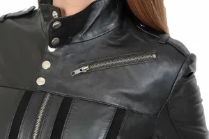 Women's Genuine Sheep Skin V-neck Full Sleeve <b>Zipper</b> Closure Waterproof Winter Moto Jacket Biker Coat Solid Black - Product Image 2