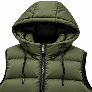Mens Hooded Puffer Vest Windproof Winter Sleeveless Padded Jacket Olive Green Zipper Front <b>Quilted</b> <b>Waistcoat</b> - Product Image 3