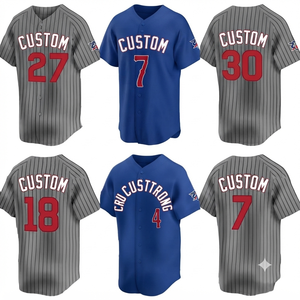 Camiseta de Béisbol Azul a la Moda, Uniforme de Equipo Cosido, Ropa Deportiva Personalizada, Cuello en V con Rayas Grises, 100% Algodón - Product Image 2