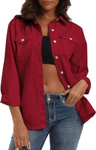 Chemise boutonnée en coton rouge pour femmes, manches trois quarts, couleur unie, col rabattu, coupe régulière, hauts de loisirs toutes saisons - Product Image 6