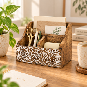 Wooden Office <b>Desk</b> Organizer White Distressed Stationery Holder Pen Marker Art Supply Caddy Farmhouse Desktop Storage Wholesale - Product Image 1