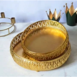 Luxury Round Gold Plated Decorative Serving <b>Tray</b> With Ornate Filigree Design Large Metal Mirrored Vanity <b>Tray</b> For <b>Perfume</b> <b>Tray</b> - Product Image 6
