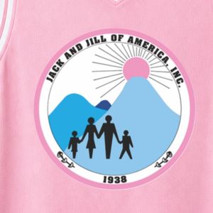 เสื้อบาสเก็ตบอลปักลายตราสัญลักษณ์ Pink Jack & Jill สำหรับผู้หญิง แบบแขนกุด คอวี แต่งขอบสีขาว สามารถสั่งทำสำหรับทีมได้ - Product Image 5
