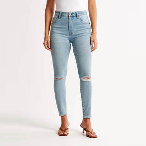 Jean skinny déchiré taille haute pour femme, grande taille, bleu clair, effet usé, longueur cheville, en coton, style décontracté d'été, fermeture boutonnée - Product Image 2