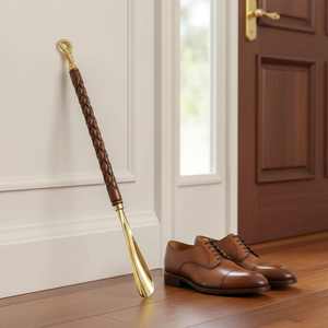 Handmade <b>Gold</b>-Plated Brass Shoehorn Antique Diamond Carved Wooden Handle Luxury <b>Dressing</b> Accessory for Home Travel Hotel Use - Product Image 2