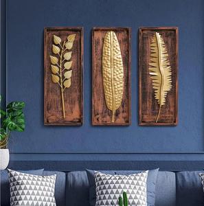 Gold Plated Foliage <b>Wall</b> Art Set Wooden Frame Rustic Handmade Metal <b>Decor</b> for Home Decoration Rectangle Multi-piece Package - Product Image 1