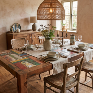 Table à manger DIVADI, modèle carré à pieds fixes, patchwork, bois de bateau recyclé, design durable, écologique, pour intérieur et extérieur - Product Image 6