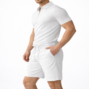 Pure Material 100% Cotton Breathable <b>Knitted</b> Solid Men's Summer Street Style Suits Two Piece Golf Polo Shirts and Shorts <b>Set</b> - Product Image 3