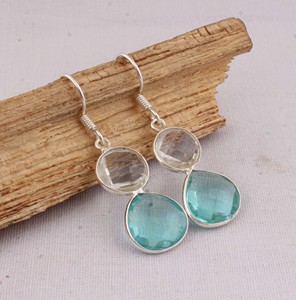 Wholesale Two Stone Faceted <b>Earrings</b> 925 <b>Sterling</b> <b>Silver</b> Multi Gemstone <b>Dangle</b> <b>Earrings</b> Manufacturer Handcrafted Aqua Blue - Product Image 5