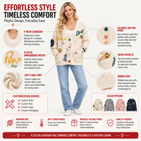 Cardigan en tricot pour femme FNJIA, tricot torsadé doux, broderie blanche cassée, col en V, coupe ample, tenue décontractée quotidienne pour l'automne