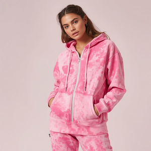 Sudadera con capucha rosa con cremallera, estilo vintage, de algodón lavado, con forro polar y cremallera completa, con personalización OEM ODM - Product Image 6