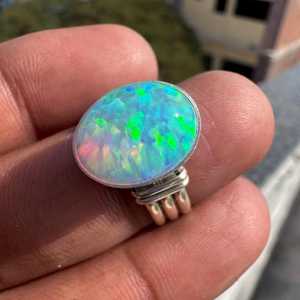 Handmade Aurora Opal <b>Ring</b> Sterling <b>Silver</b> Unisex Statement Gemstone Jewelry Gift For Her Elegant Minimalist Made Set - Product Image 2