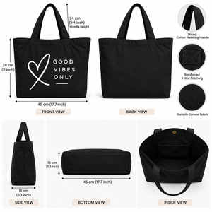 กระเป๋าผ้าแคนวาสแบบกำหนดเอง Good Vibes Only สีดำ ดีไซน์มินิมอล ลายพิมพ์ สำหรับผู้หญิง ใช้สำหรับช้อปปิ้ง ท่องเที่ยว ใช้ได้ทุกฤดูกาล - Product Image 2