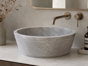 Natural <b>Round</b> Chiseled Marble Sink Handmade Stone Vessel <b>Basin</b> for Luxury Bathroom Hotel Vanity Wholesale Supplier - Product Image 1
