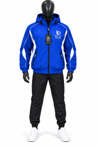 Veste coupe-vent à capuche bleue pour homme avec rayures blanches, fermeture éclair, style sportif, respirante, en polyester, pour l'hiver - Product Image 3