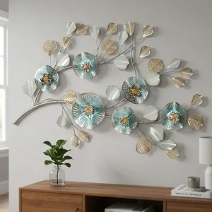 Décoration murale moderne en métal bleu aqua, sculpture florale botanique suspendue pour la maison, le bureau, le salon, la chambre à coucher - Product Image 1