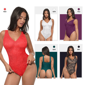 Body sculptant sexy pour femme, moulant, à motif floral, en maille, sans couture, col en V profond, avec dentelle et effet ventre plat - Product Image 6