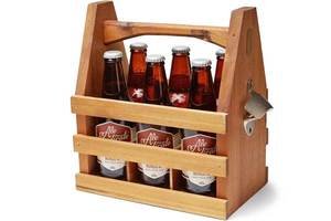 Beer Caddy Natural Wood 6 Pack Beer Best Man Cave Gift Bottle Carrier for Spain Lucky Lager Magic <b>Hat</b> Metropolitan - Product Image 3