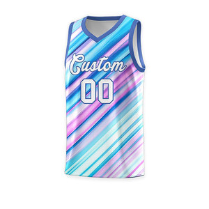 Uniforme de Baloncesto Sublimado de Alto Rendimiento, Azul, Rosa y Morado a Rayas, Tela Transpirable y Flexible - Product Image 2