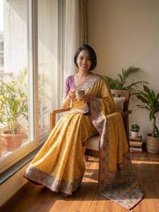 Royal Mirror Grace Traditional <b>Wedding</b> Chinnon Saree with Golden Zari Diamond Mirror Elegant <b>Ribbon</b> Design - Product Image 1