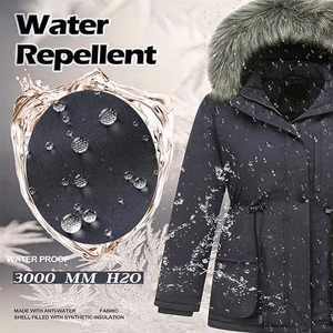 Women Winter Parka Jacket Genuine Leather Shell Fur Trim Hood Windproof Quilted Breathable Cotton Filled Long Sleeve <b>Animal</b> - Product Image 5