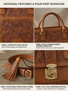 Genuine Leather Embossed Vintage Embroidered Travel <b>Backpack</b> Zipper Closure Soft Handle Shoulder Strap Polyester Lining Women - Product Image 3