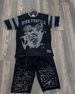 100% algodón de alta calidad Venta caliente Impresión digital Sin dobladillo Hombro caído Camisetas personalizadas y pantalones cortos de diamantes de imitación Fabricante - Product Image 6