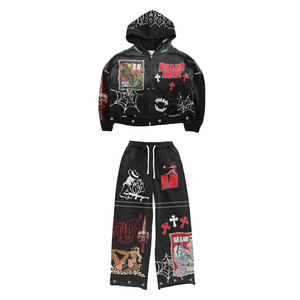 Sudadera con capucha para hombre, de invierno, transpirable, estilo vintage, con hombros caídos, bordado de parches desgastados, con cordón, con pedrería de diamante, al por mayor - Product Image 1