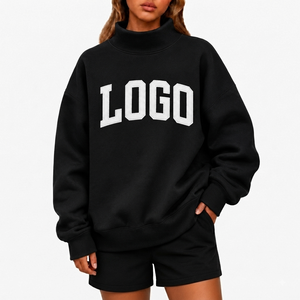 Sweat-shirt col montant pour femme, doux, confortable et tendance, en mélange de coton premium, coupe oversize, noir, manches longues, haut d'hiver pour le quotidien - Product Image 1